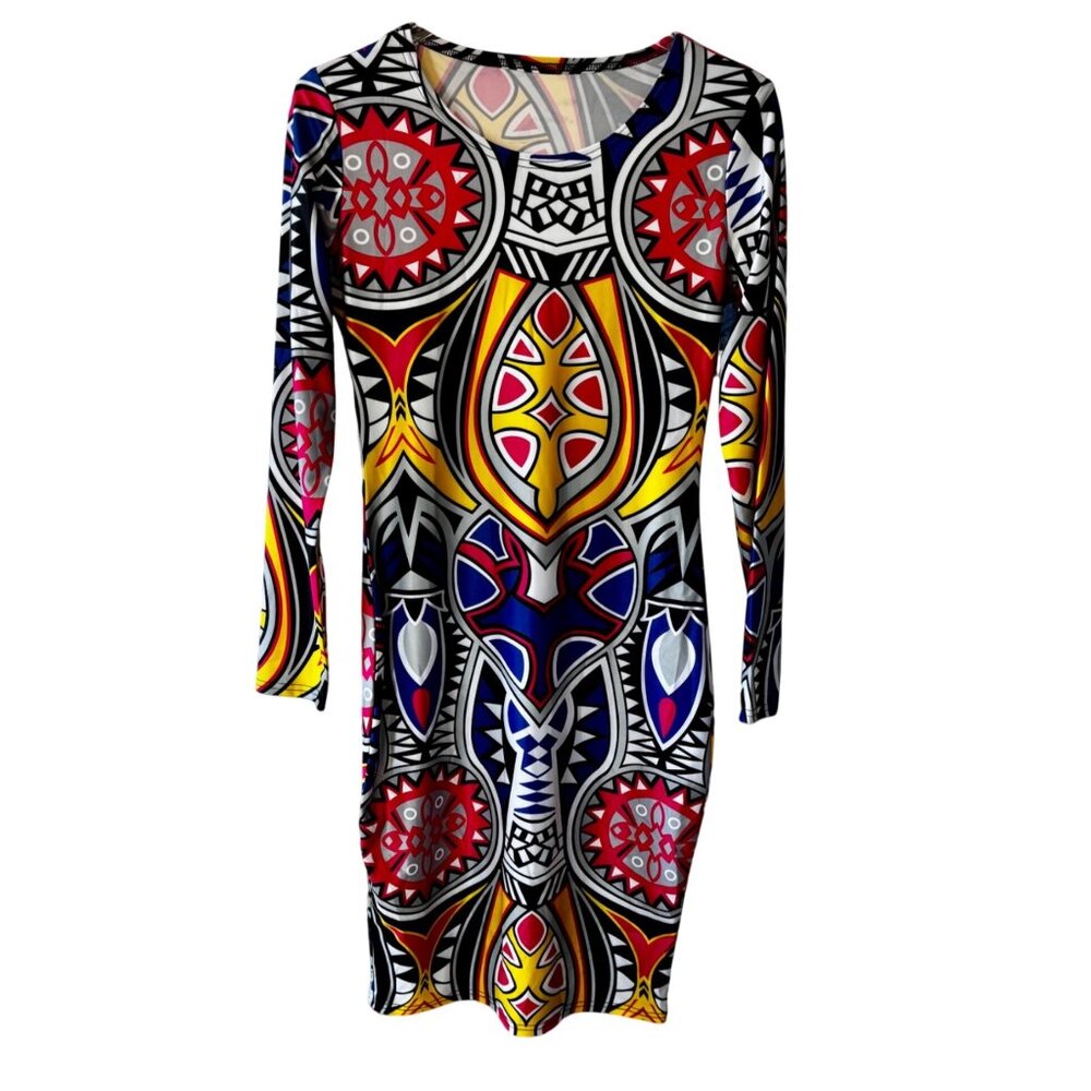 Colorful Geometric Print Long Sleeve Dress Polyester Women's Large